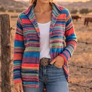 Rock & Roll Cowgirl Hooded Sweater L Colorful Stripe Western Boho Cardigan
